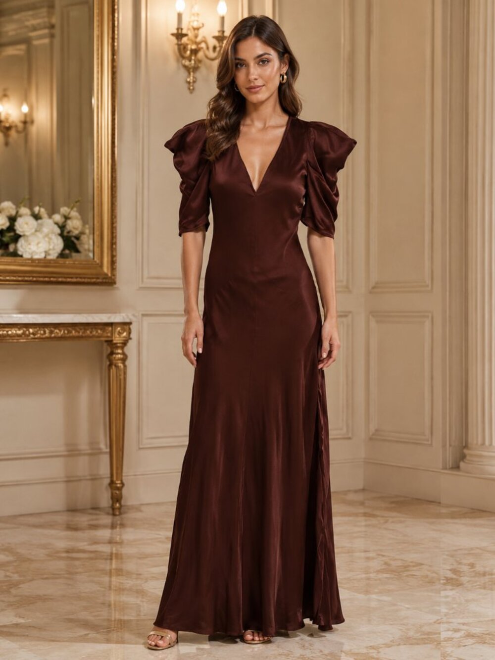 The Great Brown Long Maxi Dress Short Puff Sleeve Ruffle Resort S-1 NWD 278045